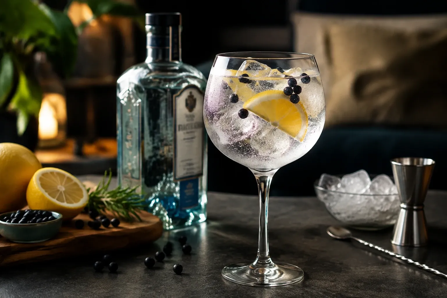 Balansglaasje gin-tonic met citroen, jeneverbessen en ijs op donkere tafel