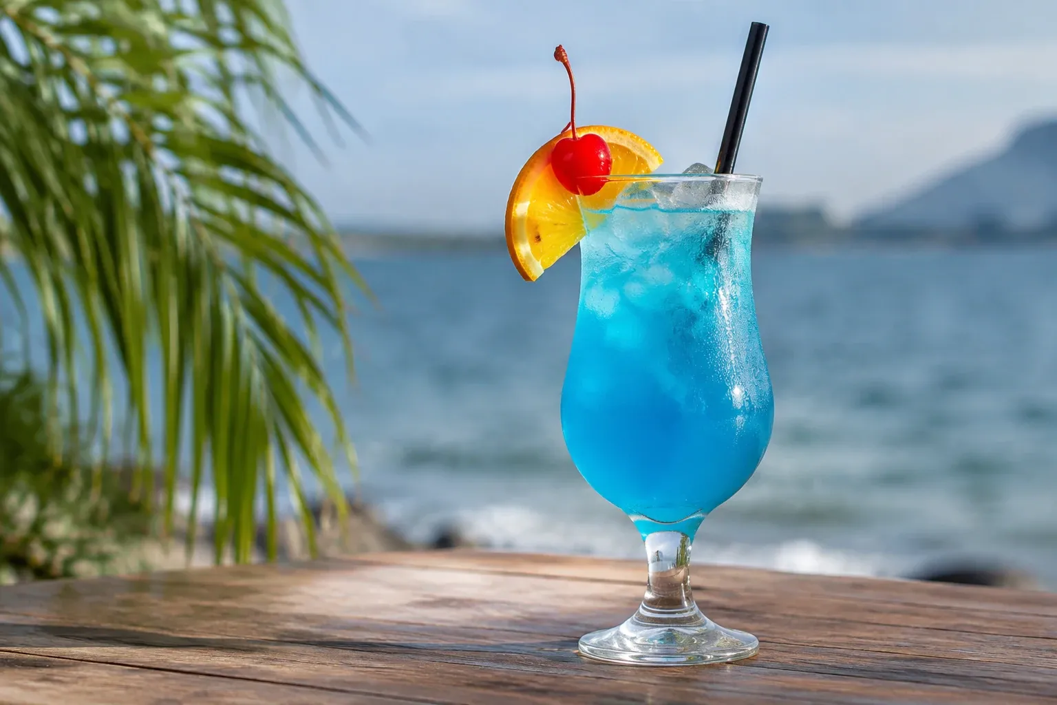 Blauwe Blue Lagoon cocktail met sinaasappel en kers op houten tafel bij zee