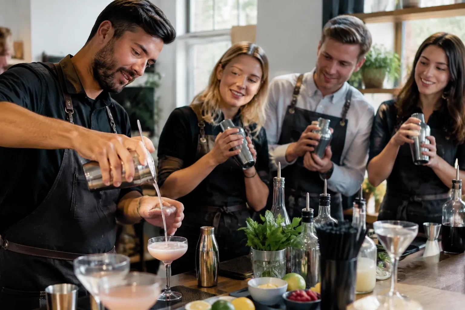 Barmannen en deelnemers shaken en inschenken van cocktails tijdens workshop op barcounter