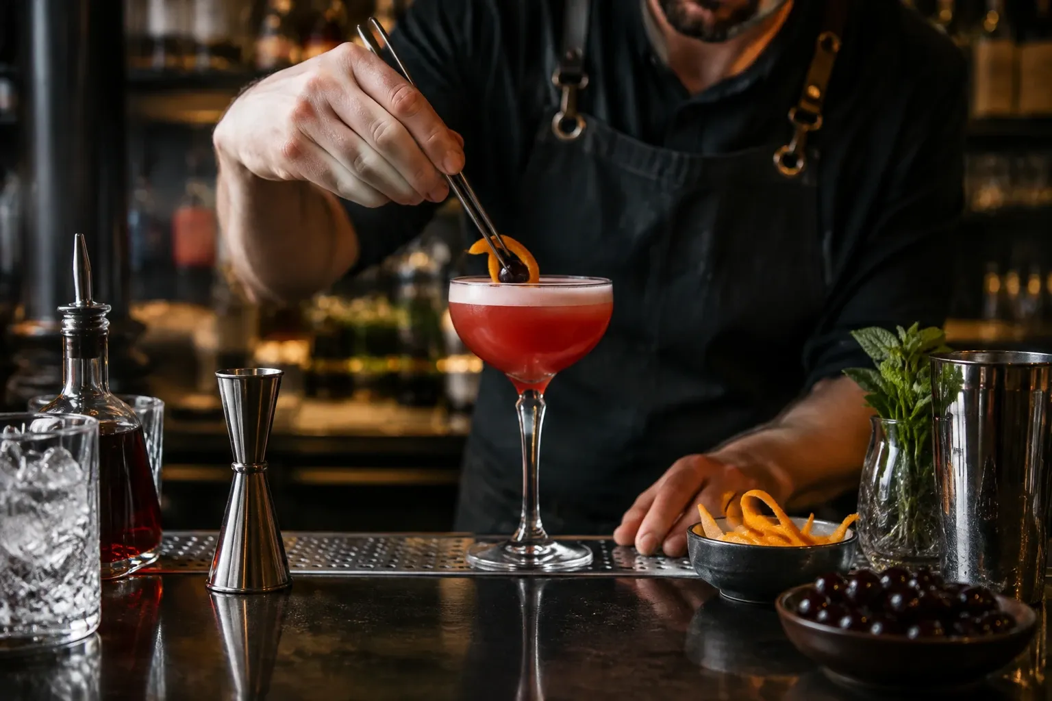 Barkeeper garneert rood cocktailglas met sinaasappelzeste achter donkere bar