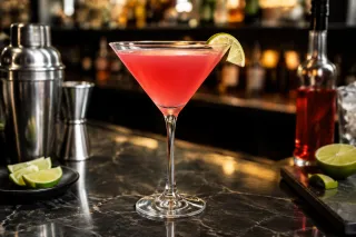 Roze Cosmopolitan in cocktailglas met limettwijf aan rand, baraccessoires op marmerblad
