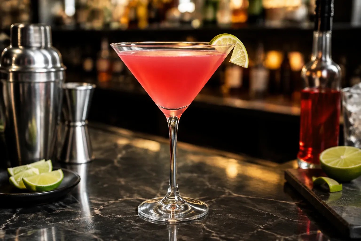 Roze Cosmopolitan in cocktailglas met limettwijf aan rand, baraccessoires op marmerblad
