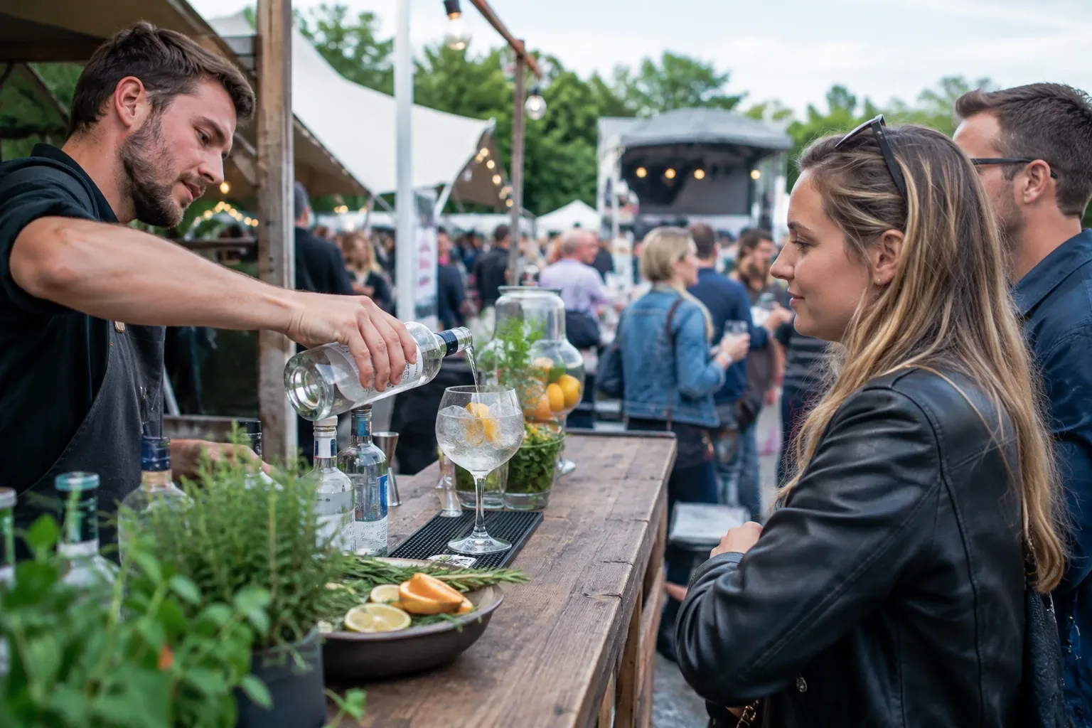 Man schenkt gin in glas met ijs en kruiden aan vrouw bij festivalbar, avondlicht