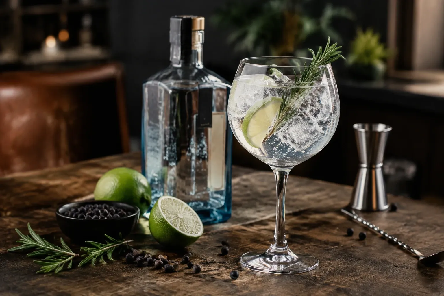 Gin-cocktail in ballon glas met ijs, limoen en rozemarijn op houten tafel