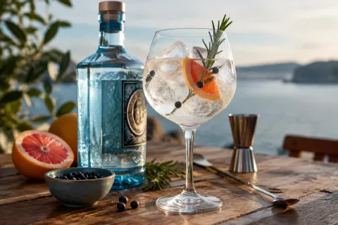 Giant glas gin tonic met ijs, grapefruit, jeneverbessen en rozemarijn naast fles Gin Mare