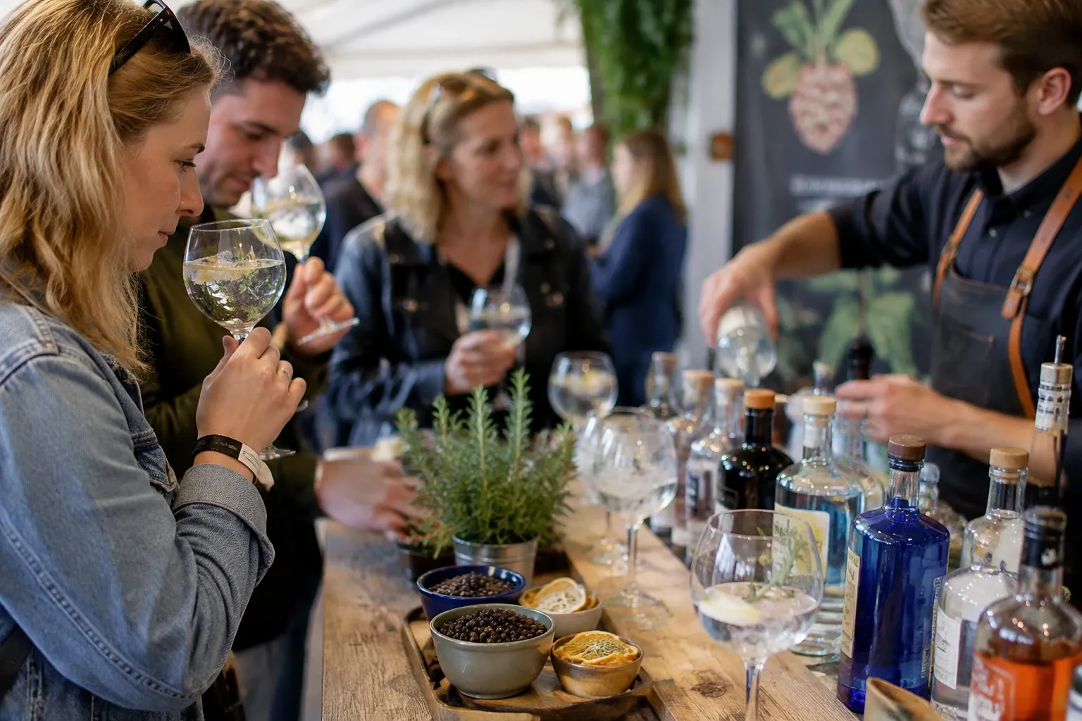 Bezoekers proeven gin aan bar met glazen, kruiden en jeneverbessen