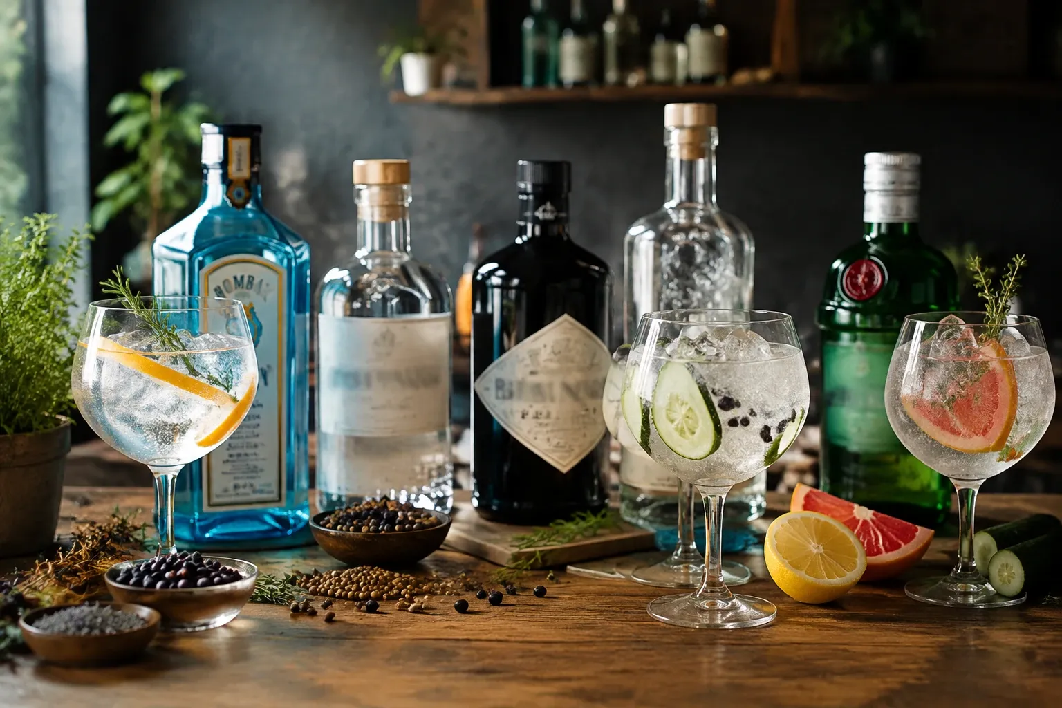 Verschillende ginflessen en drie gin-tonic glazen met citroen, komkommer en grapefruit garnituur