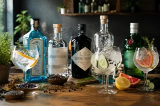 Verschillende ginflessen en drie gin-tonic glazen met citroen, komkommer en grapefruit garnituur