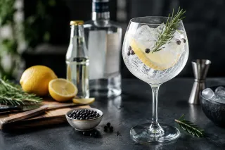 Gin tonic met ijs, citroen, jeneverbessen en rozemarijn in groot ballon glas