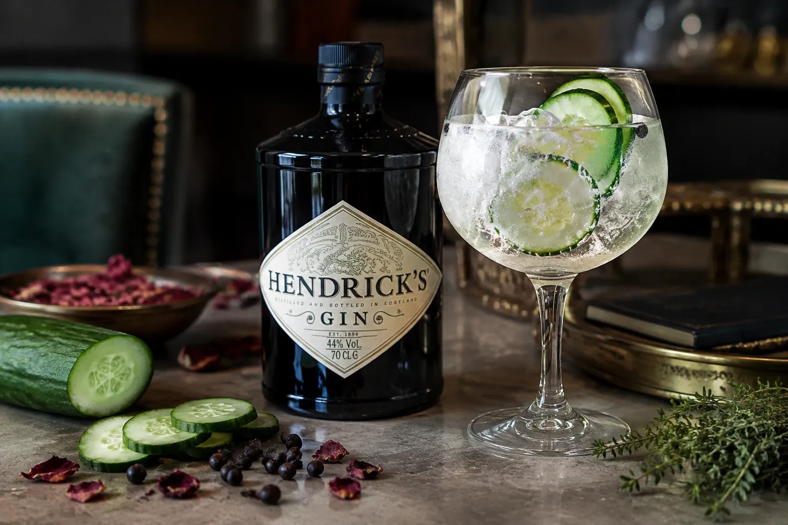 Donkere ginfles naast gin-tonic in groot glas met ijs en komkommerschijfjes