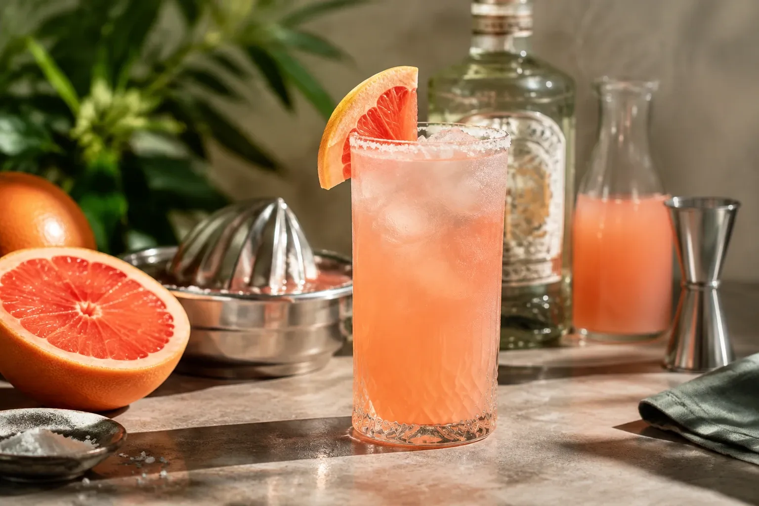 Hoog glas met roze Paloma cocktail, ijs en grapefruitpartje op rand