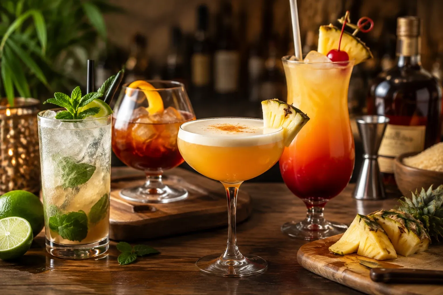 Vier rumcocktails op bar, waaronder mojito, pina colada-achtig en kleurrijke tequila sunrise-variant