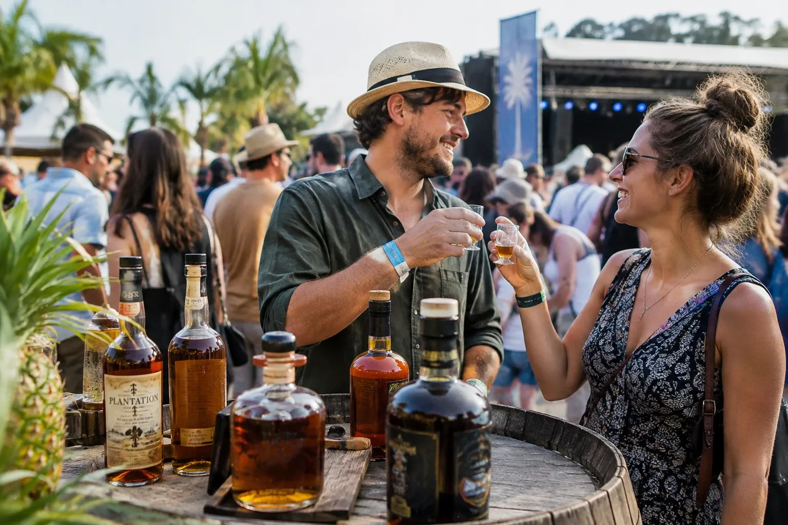Man en vrouw toasten met rumglazen bij houten vat en rumbottels op buitenfestival