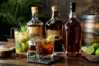 Drie flessen donkere rum met cocktailglas en mojito op houten tafel, limoen erbij