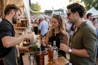 Barman schenkt whiskey in glazen voor twee bezoekers bij kraam op buitenfestival