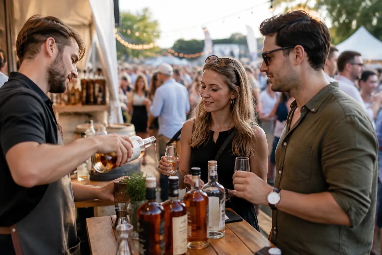 Barman schenkt whiskey in glazen voor twee bezoekers bij kraam op buitenfestival
