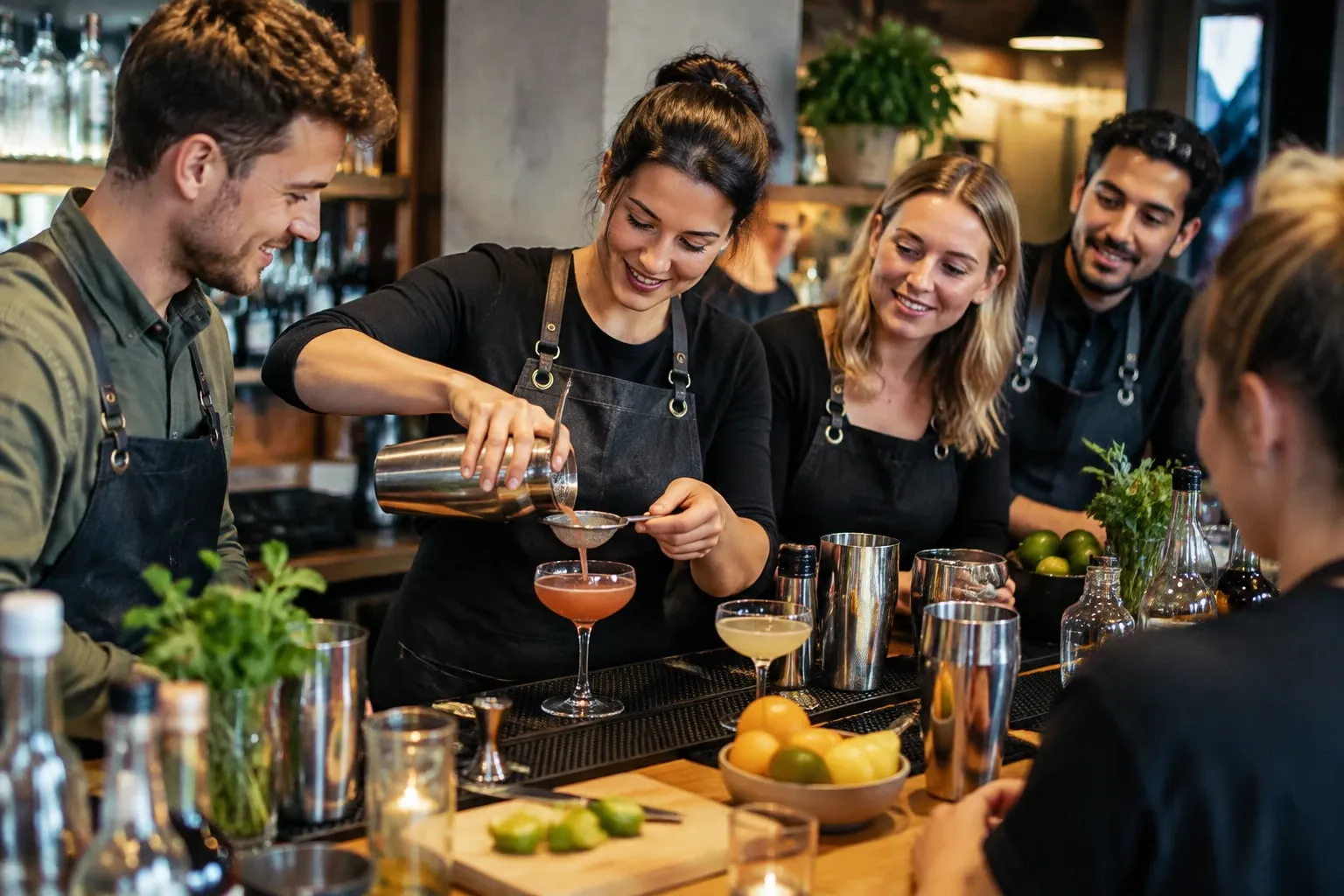 Vrouw giet cocktail uit shaker in coupeglas tijdens gezellige cocktailworkshop aan bar