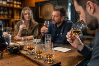 Mensen proeven whisky aan houten tafel, drie glazen whisky op proefplank, notities visible